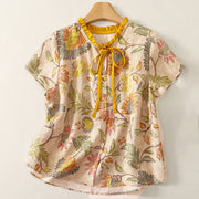 Foviel Sommer Casual Boho Tunnelzug Floral Pfingstrose Grün Blätter Damen Kurzarm Hemden