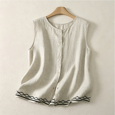 Buddha Stones Summer Casual Minimalist Button-Up Geometric Women's Sleeveless Shirts Tank Top - Linen - US12, UK/AU16, EU44 (2XL) - image 8