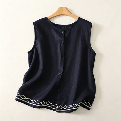 Buddha Stones Summer Casual Minimalist Button-Up Geometric Women's Sleeveless Shirts Tank Top - Navy - US12, UK/AU16, EU44 (2XL) - image 3