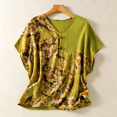 Buddha Stones Summer Casual Vintage Tang Style Pankou Floral Sunflowers Women's Short Sleeve Shirts - YellowGreen - US4-12, UK/AU8-16, EU36-44 (F) - image 0