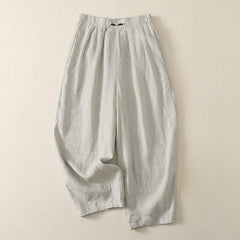 Buddha Stones Summer Casual Minimalist Solid Cropped Pants Pleated Women's Harem Pants With Pockets - Linen - US8-10, UK/AU12-14, EU40-42 (2XL) - image 0