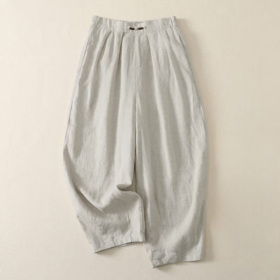 Buddha Stones Summer Casual Minimalist Solid Cropped Pants Pleated Women's Harem Pants With Pockets - Linen - US8-10, UK/AU12-14, EU40-42 (2XL) - image 0