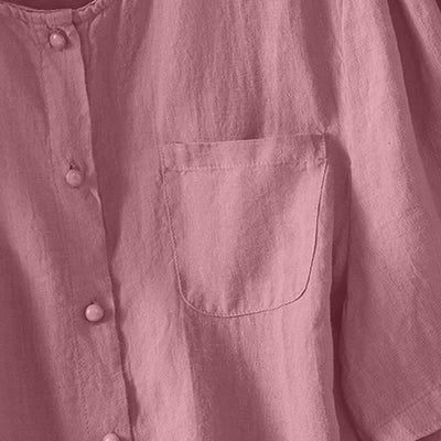 Buddha Stones Summer Casual Minimalist Button-Up Solid Crew Neck Women's Short Sleeve Shirts With Patch Pocket - image 4