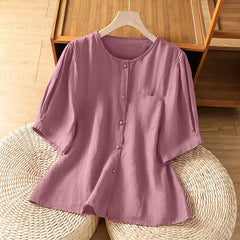 Buddha Stones Summer Casual Minimalist Button-Up Solid Crew Neck Women's Short Sleeve Shirts With Patch Pocket - PaleVioletRed - US8-10, UK/AU12-14, EU40-42 (2XL) - image 0