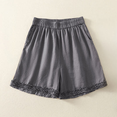 Buddha Stones Summer Casual Vintage Solid Elastic Waist Ruffled Hem Women's Shorts With Pockets - DimGray - US8-10, UK/AU12-14, EU40-42 (2XL) - image 13