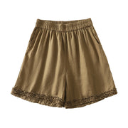 Foviel Sommer Casual Vintage einfarbig Elastische Taille Rüschen Saum Damenshorts mit Taschen