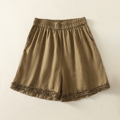 Buddha Stones Summer Casual Vintage Solid Elastic Waist Ruffled Hem Women's Shorts With Pockets - image 1