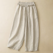 Foviel Sommer Casual Minimalist einfarbig Rüschen elastische Taille Cropped Hose Damen gerade Bein Hose mit Tasche