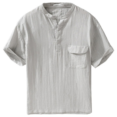 Buddha Stones Summer Casual Tang Style Mandarin Collar Half Buttons Solid Men's Short Sleeve Shirts With Decorative Pocket - image 2