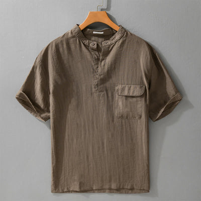 Buddha Stones Summer Casual Tang Style Mandarin Collar Half Buttons Solid Men's Short Sleeve Shirts With Decorative Pocket - Sienna - US/UK/AU42, EU52 (3XL) - image 13