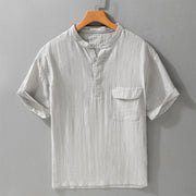 Foviel Summer Casual Tang Style Mandarin Collar Half Buttons Solid Men's Short Sleeve Shirts With Decorative Pocket