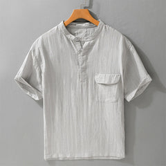 Buddha Stones Summer Casual Tang Style Mandarin Collar Half Buttons Solid Men's Short Sleeve Shirts With Decorative Pocket - Gainsboro - US/UK/AU42, EU52 (3XL) - image 0