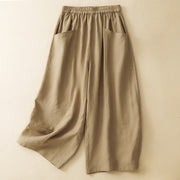 Foviel Sommer Casual einfarbig elastische Taille Cropped Hose Damen weites Bein Hose mit Taschen