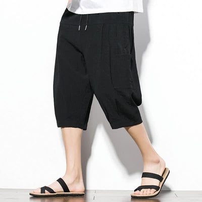 Buddha Stones Summer Casual Minimalist Drawstring Solid Men's Cropped Pants With Pocket - Black - US/UK/AU46, EU56 (5XL) - image 8