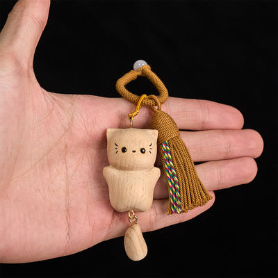 Buddha Stones Beech Wood Lucky Cat Handmade Tassel Keychains - image 4