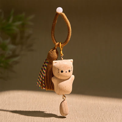 Buddha Stones Beech Wood Lucky Cat Handmade Tassel Keychains - image 2