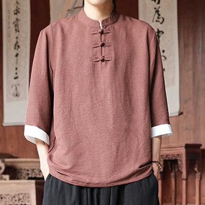 Buddha Stones Summer Tang Style Vintage Mandarin Collar Frog Button Solid Men's Elbow-Length Sleeve Shirts - image 3