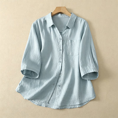 Buddha Stones Summer Casual Minimalist Button-Up Solid Women's Short Sleeve Shirts With Pocket - LightBlue - US8-10, UK/AU12-14, EU40-42 (2XL) - image 5