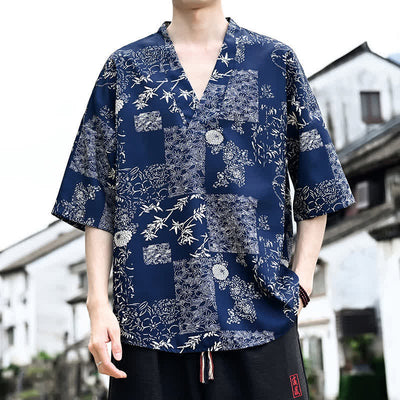 Buddha Stones Summer Casual Tang Style Floral V-Neck Men's Short Sleeve T-Shirts - Navy - US/UK/AU46, EU56 (5XL) - image 0