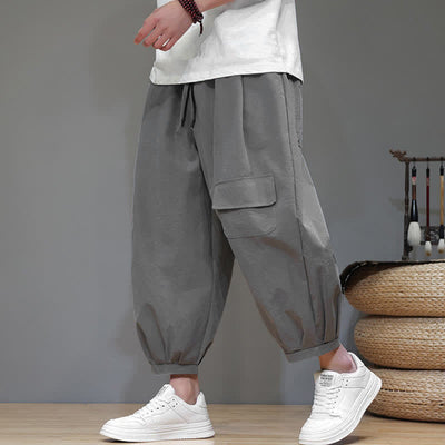 Buddha Stones Summer Casual Minimalist Drawstring Solid Capri Pants Men's Harem Pants With Pockets - Silver - US/UK/AU46, EU56 (5XL) - image 7