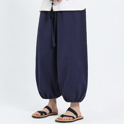 Buddha Stones Summer Tang Style Casual Drawstring Solid Cropped Pants Men's Harem Pants With Pockets - image 1