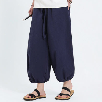 Buddha Stones Summer Tang Style Casual Drawstring Solid Cropped Pants Men's Harem Pants With Pockets - image 5