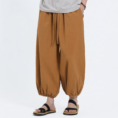 Buddha Stones Summer Tang Style Casual Drawstring Solid Cropped Pants Men's Harem Pants With Pockets - image 20