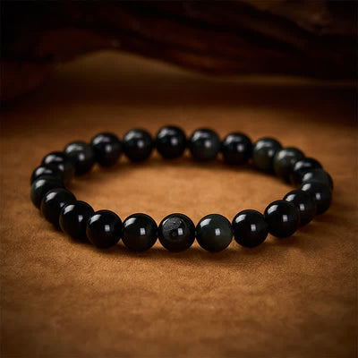 Buddha Stones Rainbow Obsidian Yin Yang Balance Round Bead Bracelet - Rainbow Obsidian(Color Shifts in Light) - image 0