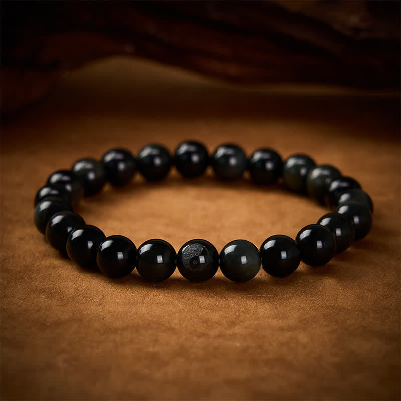 Buddha Stones Rainbow Obsidian Yin Yang Balance Round Bead Bracelet - Rainbow Obsidian(Color Shifts in Light) - image 0