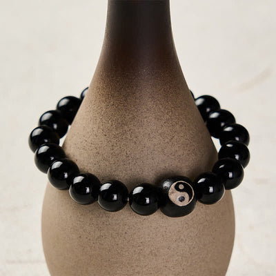 Buddha Stones Tibetan Black Obsidian Black Onyx Yin Yang Bead Protection Bracelet - image 4