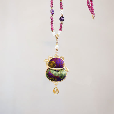 Buddha Stones Song Brocade Fabric Lucky Beckoning Cat Fu Character Blessing Necklace - image 8
