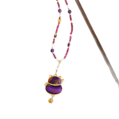Buddha Stones Song Brocade Fabric Lucky Beckoning Cat Fu Character Blessing Necklace - image 6