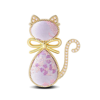 Buddha Stones Pearl Song Brocade Cat Bow Purity Brooch - Purple(Same Color Tone – Pattern Varies) - image 7