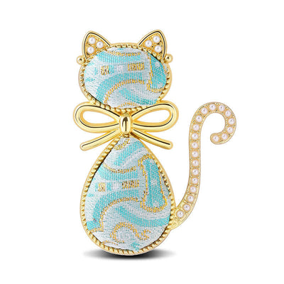 Buddha Stones Pearl Song Brocade Cat Bow Purity Brooch - Light Blue(Same Color Tone – Pattern Varies) - image 11