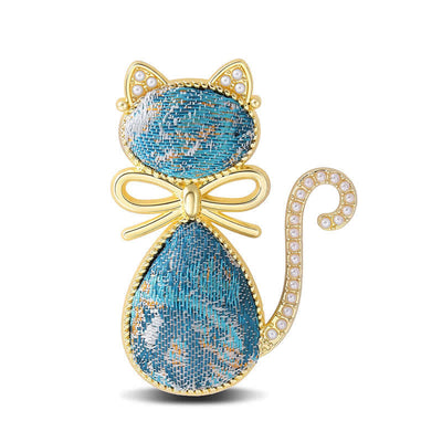 Buddha Stones Pearl Song Brocade Cat Bow Purity Brooch - Deep Blue(Same Color Tone – Pattern Varies) - image 12