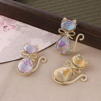 Buddha Stones Pearl Song Brocade Cat Bow Purity Brooch - image 3