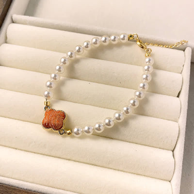 Buddha Stones Pearl Song Brocade Clover Purity New Chinese Bracelet - Orange(Same Color Tone – Pattern Varies) - image 7