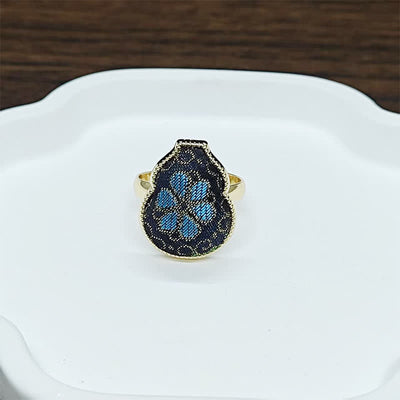 Buddha Stones Song Brocade Gourd Shaped Blessing Adjustable Vintage Chinese Style Ring - Black Blue(Same Color Tone – Pattern Varies) - Adjustable (Open) - image 7