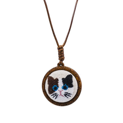 Buddha Stones Wood Cat Luck Embroidered Round Pendant Necklace - Calico - image 2