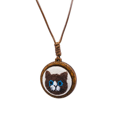 Buddha Stones Wood Cat Luck Embroidered Round Pendant Necklace - Cow Cat - image 11