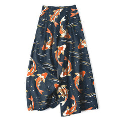 Buddha Stones Cotton Linen Koi Fish Pattern Women's Elastic Waist Wide Leg Pants With Pockets - Navy - US16，UK/AU20，EU48 (3XL) - image 0