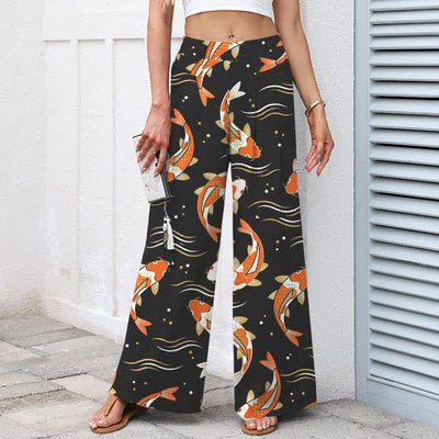 Buddha Stones Cotton Linen Koi Fish Pattern Women's Elastic Waist Wide Leg Pants With Pockets - image 6