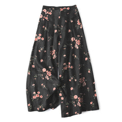 Buddha Stones Cotton Linen Vintage Rose Pattern Women's Elastic Waist Wide Leg Pants With Pockets - Black - US16，UK/AU20，EU48 (3XL) - image 0