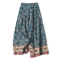 Buddha Stones Cotton Linen Bohemian Floral Pattern Women's Elastic Waist Wide Leg Pants With Pockets - Teal - US16，UK/AU20，EU48 (3XL) - image 0