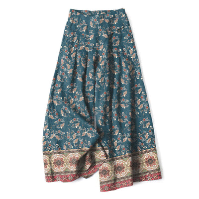 Buddha Stones Cotton Linen Bohemian Floral Pattern Women's Elastic Waist Wide Leg Pants With Pockets - Teal - US16，UK/AU20，EU48 (3XL) - image 0