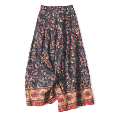 Buddha Stones Cotton Linen Bohemian Floral Pattern Women's Elastic Waist Wide Leg Pants With Pockets - SlateGray - US16，UK/AU20，EU48 (3XL) - image 5