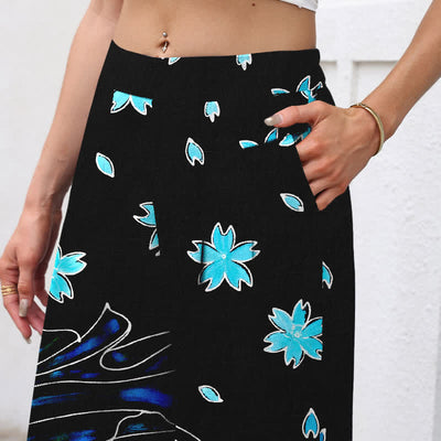Buddha Stones Cotton Linen Koi Fish Floral Pattern Women's Elastic Waist Wide Leg Pants With Pockets - image 2