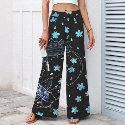 Buddha Stones Cotton Linen Koi Fish Floral Pattern Women's Elastic Waist Wide Leg Pants With Pockets - image 1