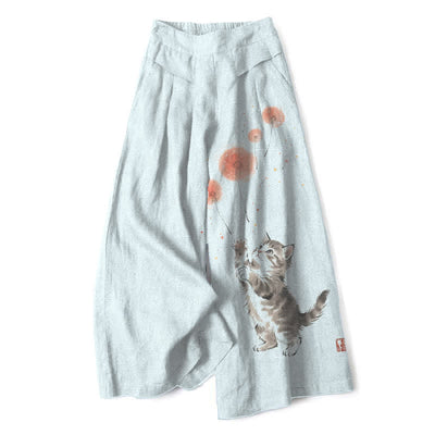 Buddha Stones Cotton Linen Watercolor Cat Floral Pattern Women's Elastic Waist Wide Leg Pants With Pockets - AliceBlue - US16，UK/AU20，EU48 (3XL) - image 5