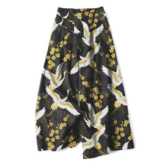 Buddha Stones Cotton Linen Crane Blossom Pattern Women's Elastic Waist Wide Leg Pants With Pockets - Black - US16，UK/AU20，EU48 (3XL) - image 0